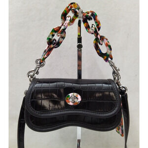 Coach Black Croc-Embossed Crossbody Bag with Multicolor Chain